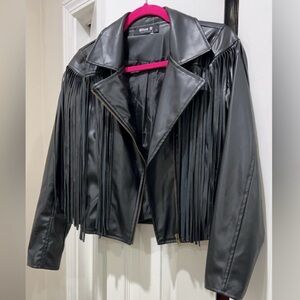 NWOT BLUE B Moto Faux Leather Fringe Moto Jacket Size Small.